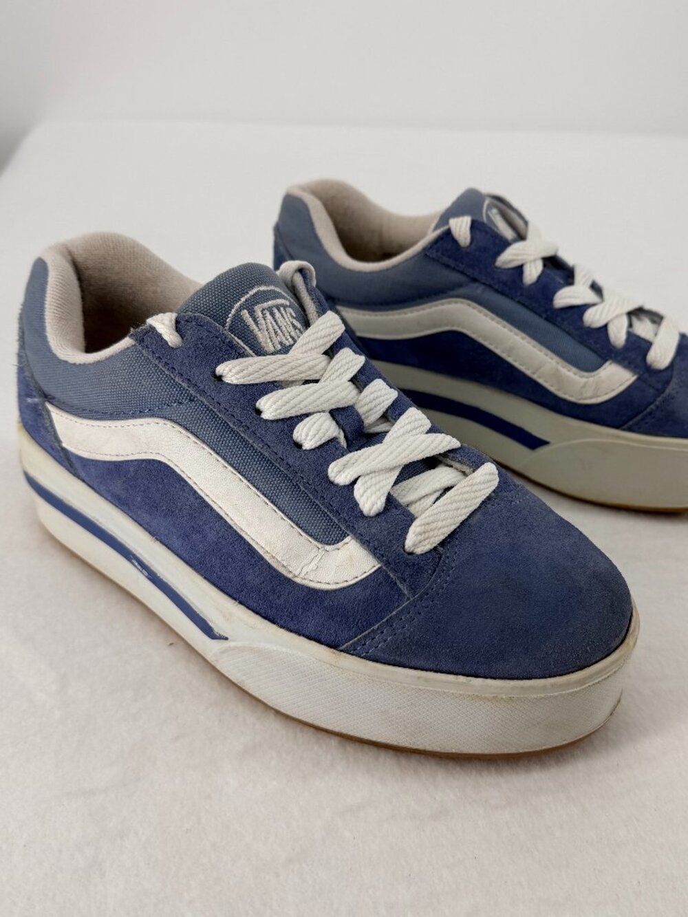 Vintage 90s Vans Made In Korea Plat Skool Blue Suede Platform Sneakers 8